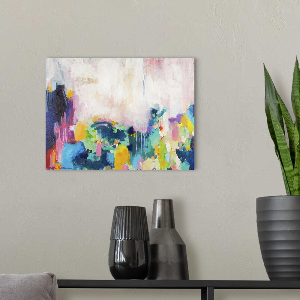 A modern room featuring Contemporary abstract painting with pink, yellow, and teal against white.