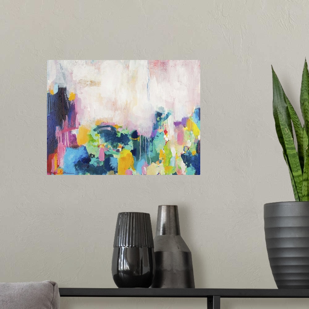 A modern room featuring Contemporary abstract painting with pink, yellow, and teal against white.