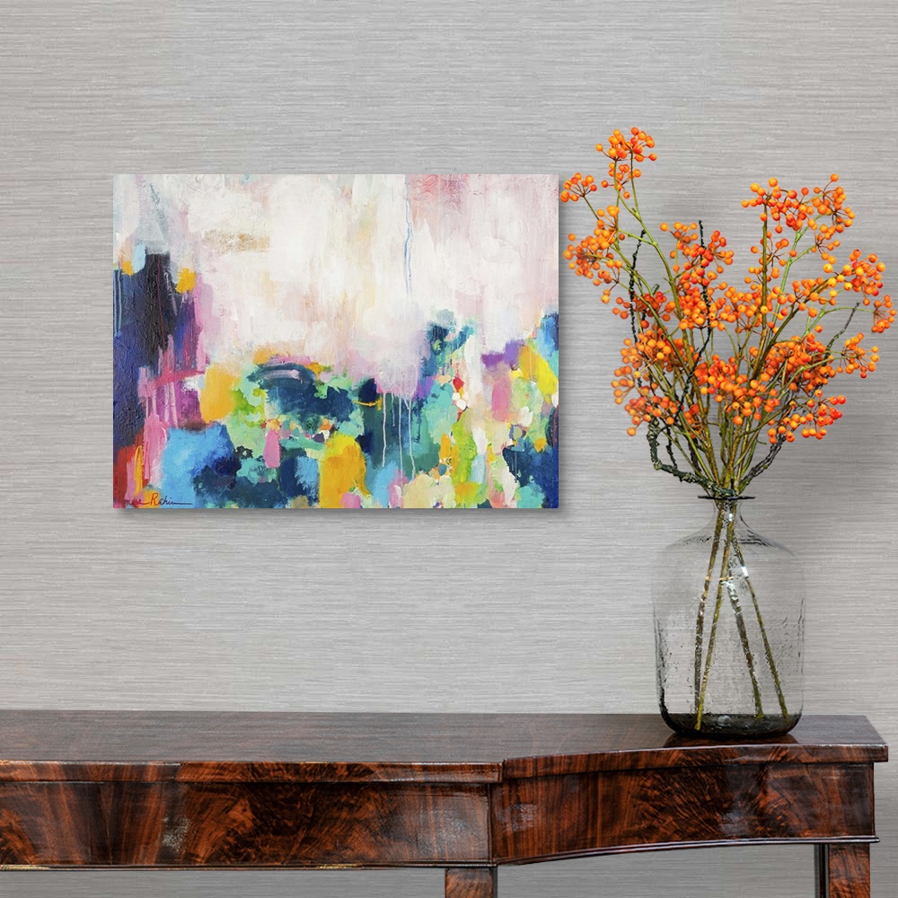 A traditional room featuring Contemporary abstract painting with pink, yellow, and teal against white.