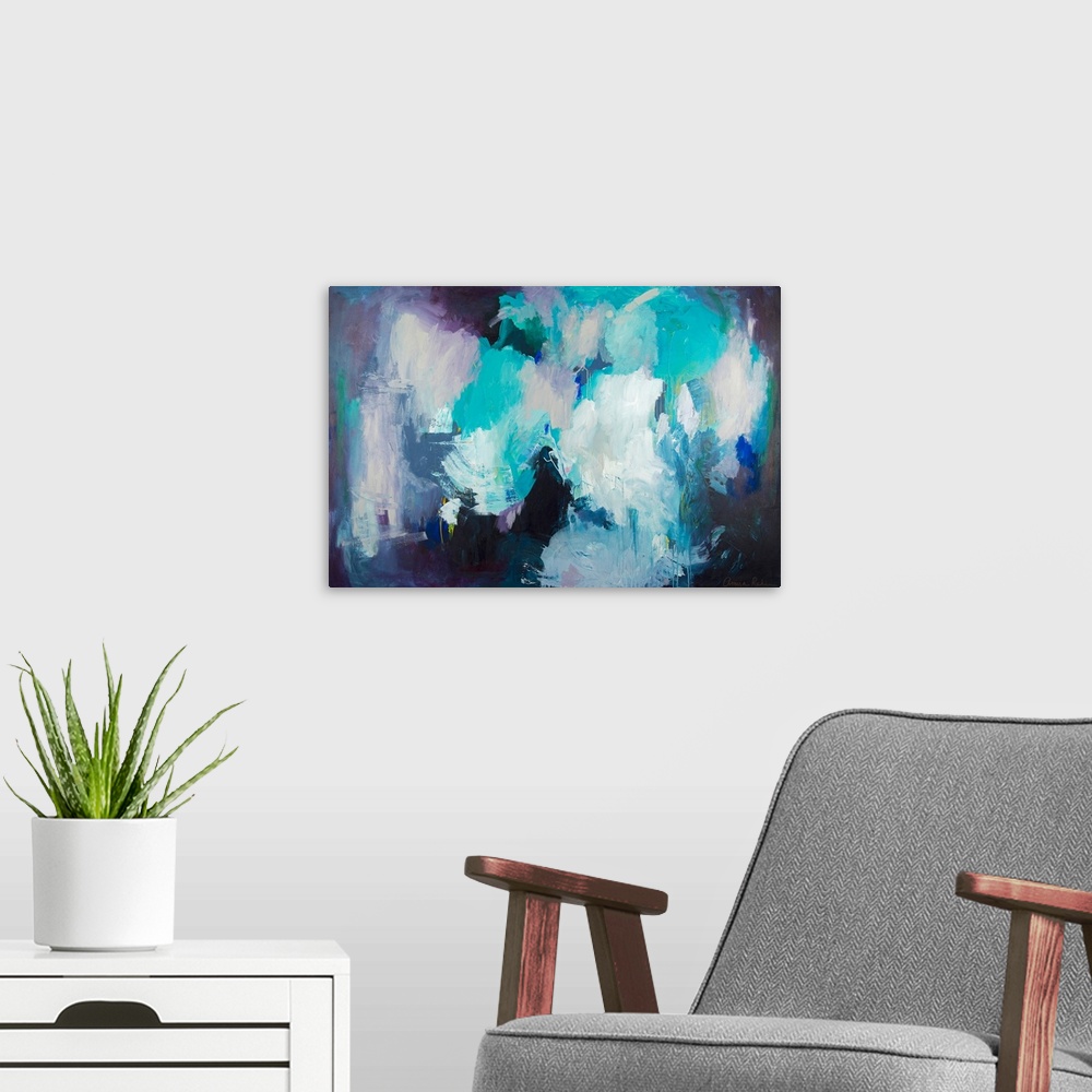 A modern room featuring Contemporary abstract painting in shades of turquoise, lavender, and white.