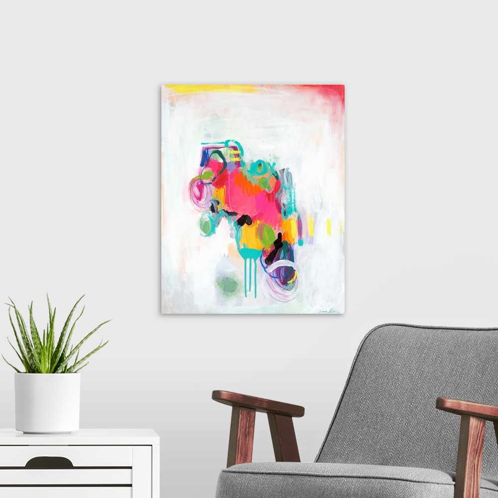 A modern room featuring Abstract mixed media artwork with vivid pink, teal, and yellow color on white.