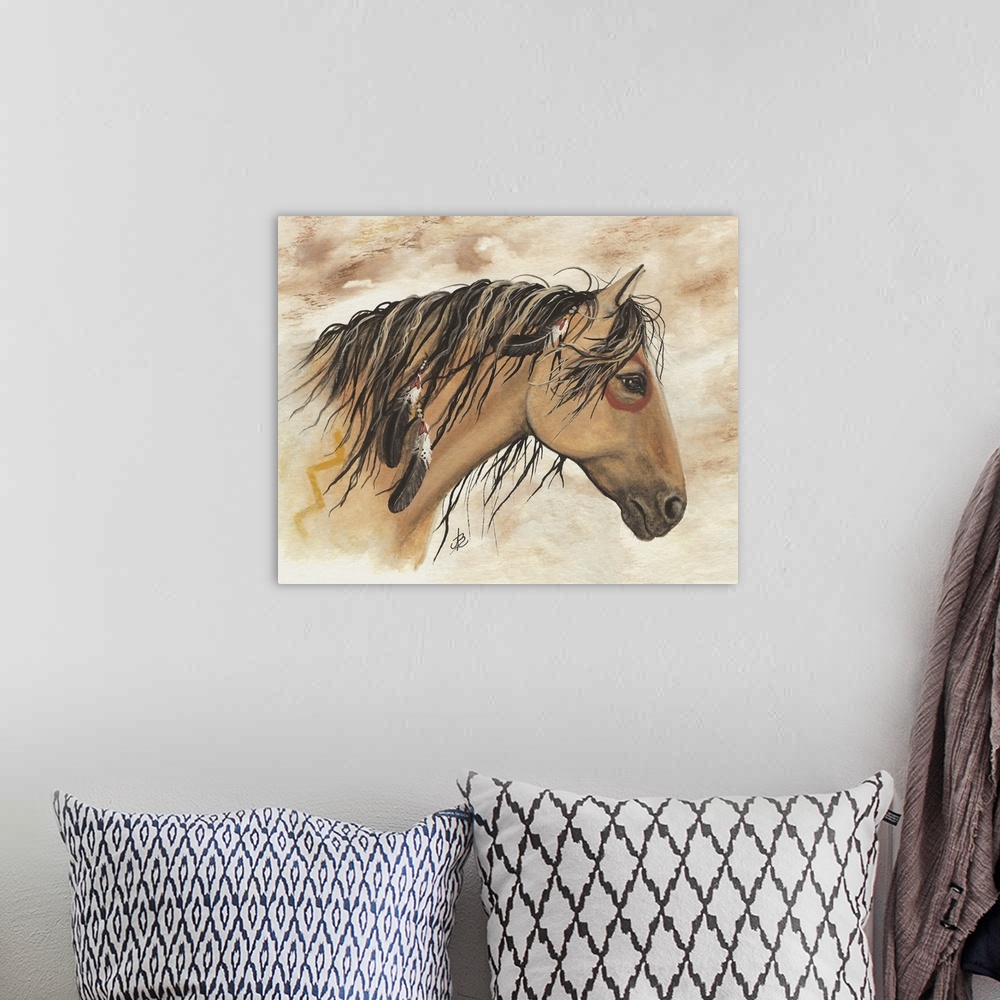 A bohemian room featuring Majestic Series of Native American inspired horse paintings of a buckskin mustang.
