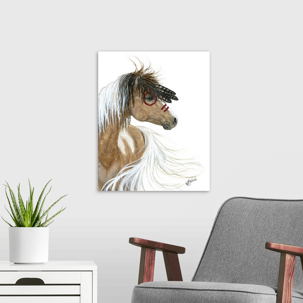A modern room featuring Majestic Series of Native American inspired horse paintings of a Curly horse mare.