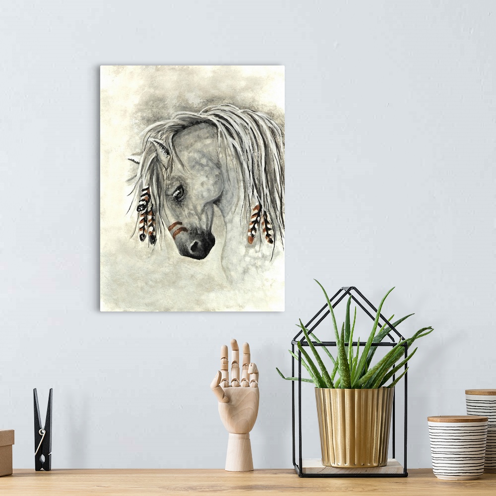 A bohemian room featuring Majestic Series of Native American inspired horse paintings of a Dapple Grey horse.