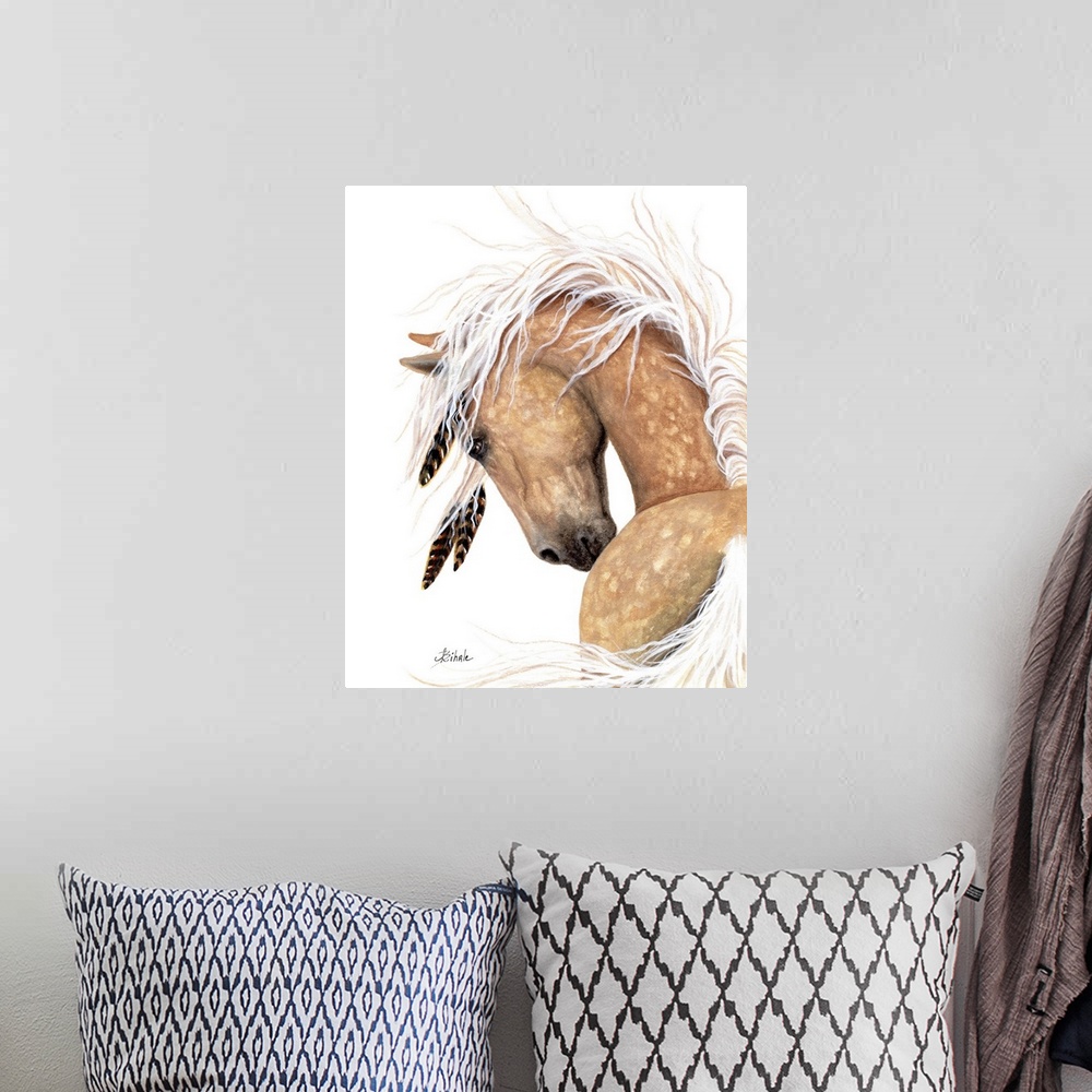 A bohemian room featuring Majestic Series of Native American inspired horse paintings of a Dappled Palomino.