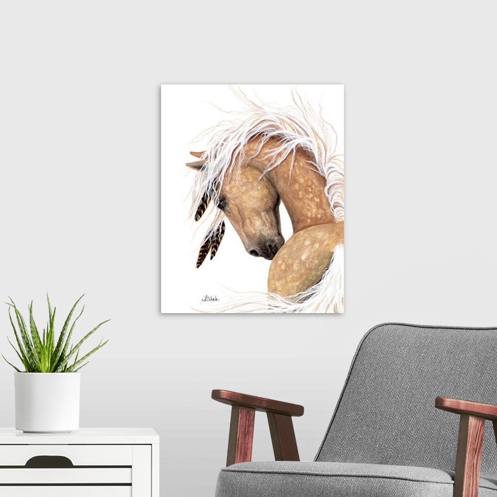 A modern room featuring Majestic Series of Native American inspired horse paintings of a Dappled Palomino.