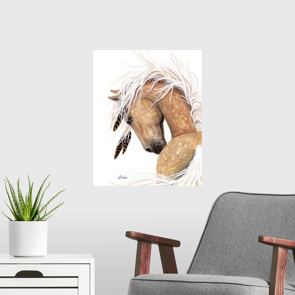 A modern room featuring Majestic Series of Native American inspired horse paintings of a Dappled Palomino.