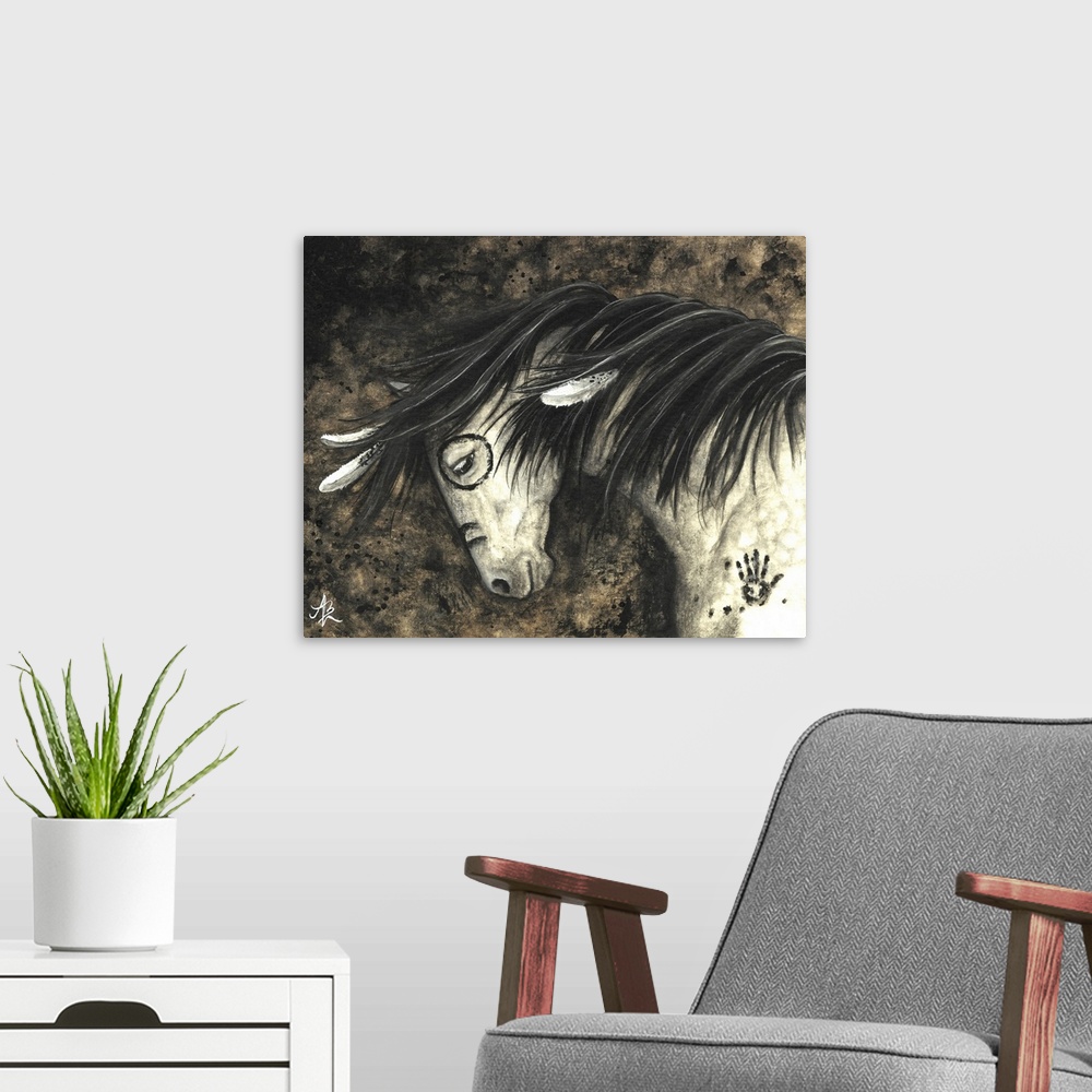 A modern room featuring Majestic Series of Native American inspired horse paintings of a dapple gray horse.
