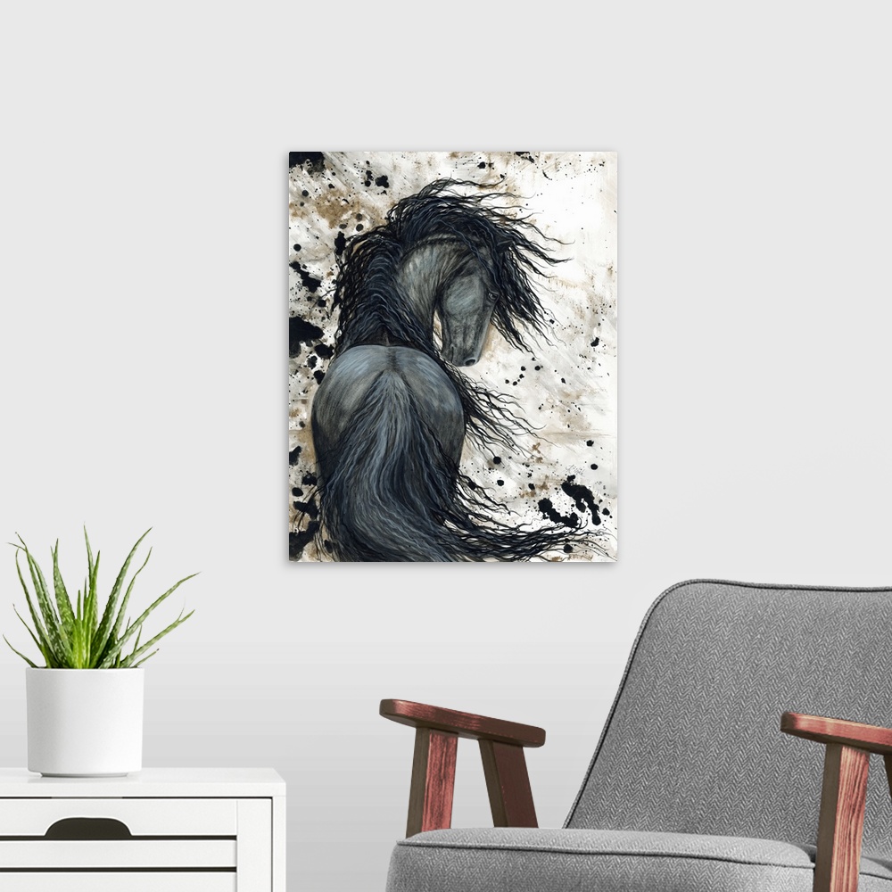 A modern room featuring Majestic Series of Native American inspired horse paintings of a black mustang.