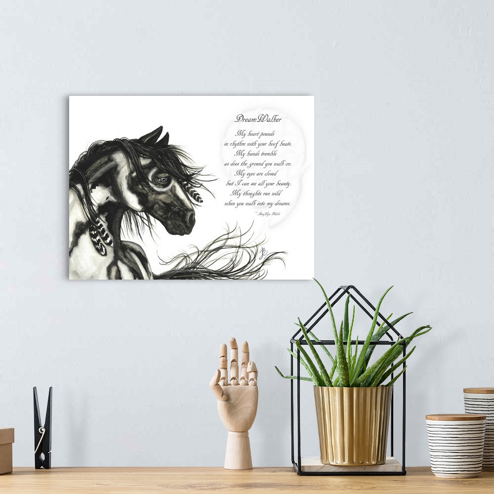 A bohemian room featuring Majestic Series of Native American inspired horse paintings of a pinto mustang. "DreamWalker - My...