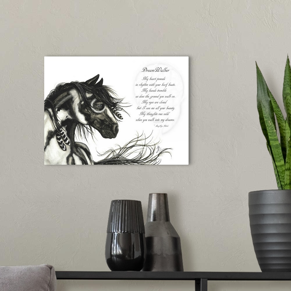 A modern room featuring Majestic Series of Native American inspired horse paintings of a pinto mustang. "DreamWalker - My...