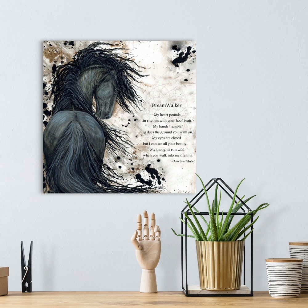 A bohemian room featuring Majestic Series of Native American inspired horse paintings of a black mustang.  "DreamWalker - M...
