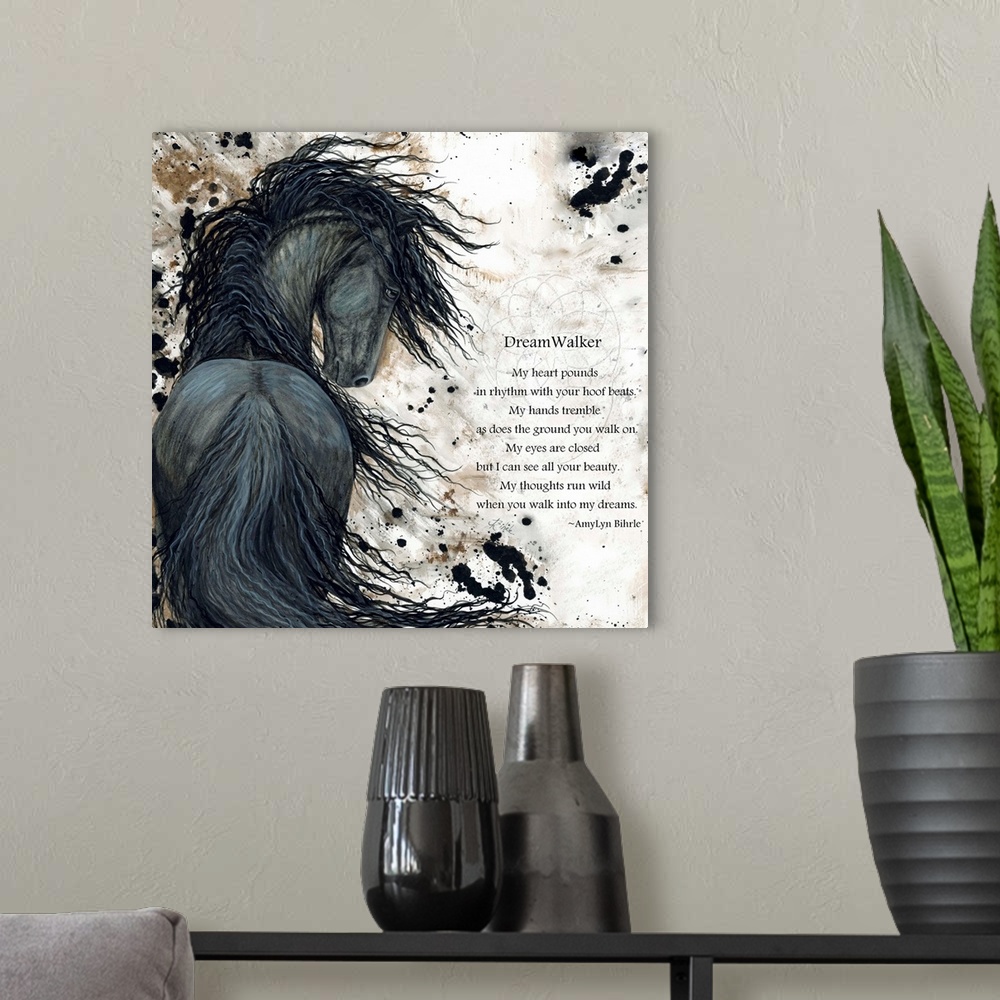 A modern room featuring Majestic Series of Native American inspired horse paintings of a black mustang.  "DreamWalker - M...