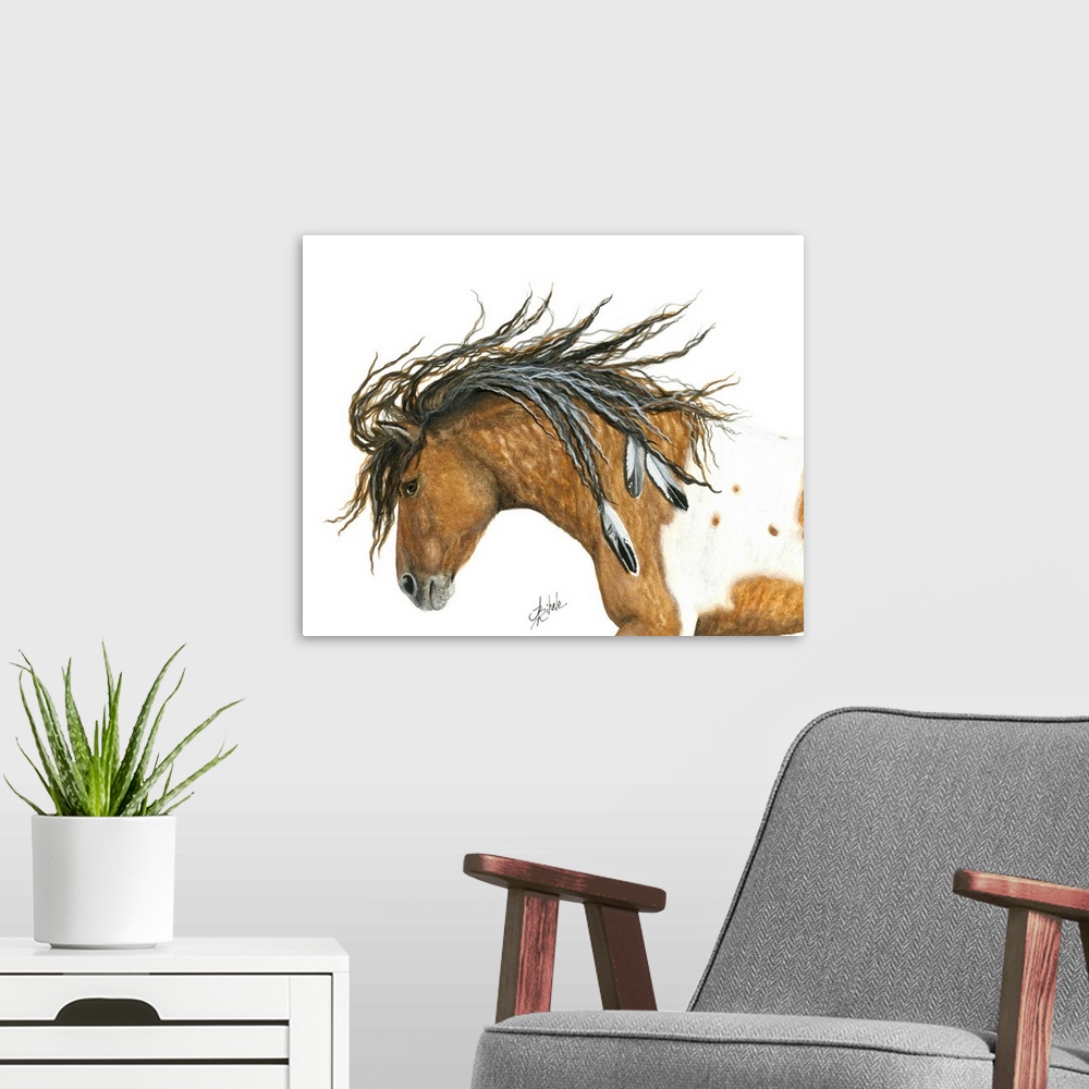 A modern room featuring Majestic Series of Native American inspired horse paintings of a curly horse mare.