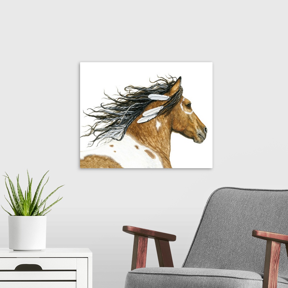 A modern room featuring Majestic Series of Native American inspired horse paintings of a Curly Horse.