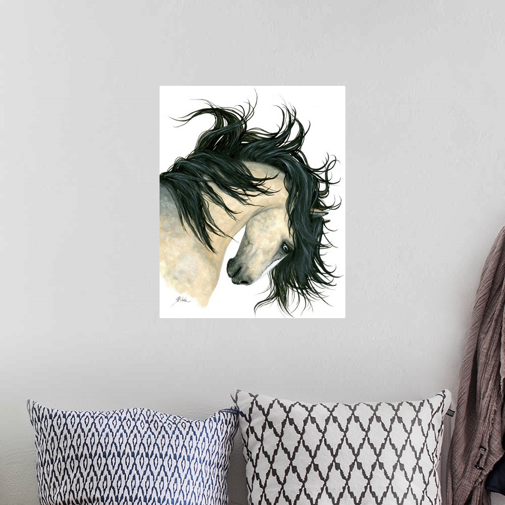 A bohemian room featuring Majestic Series of Native American inspired horse paintings of a dappled buckskin mustang.