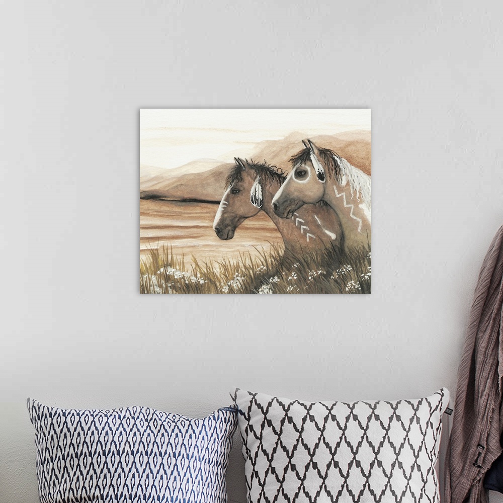 A bohemian room featuring Majestic Series of Native American inspired horse paintings of two mustangs.