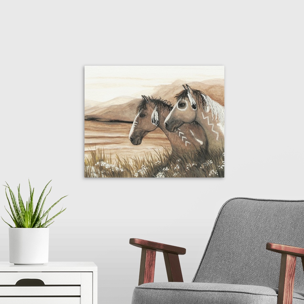 A modern room featuring Majestic Series of Native American inspired horse paintings of two mustangs.
