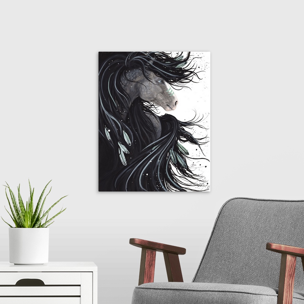 A modern room featuring Majestic Series of Native American inspired horse paintings of a black mustang.