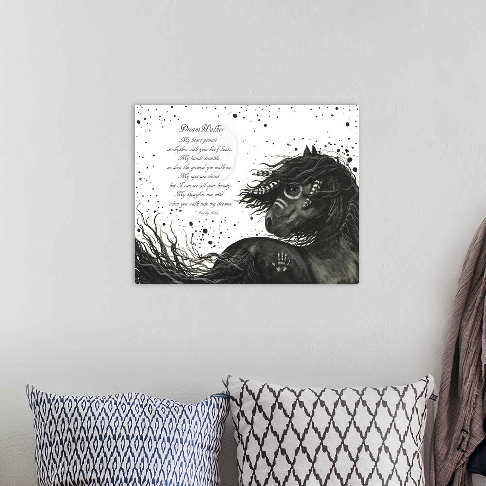 A bohemian room featuring Majestic Series of Native American inspired horse paintings of a black mustang. "DreamWalker - My...