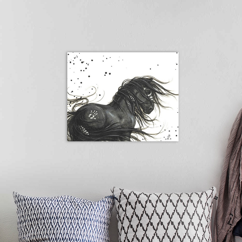 A bohemian room featuring Majestic Series of Native American inspired horse paintings of a black mustang.