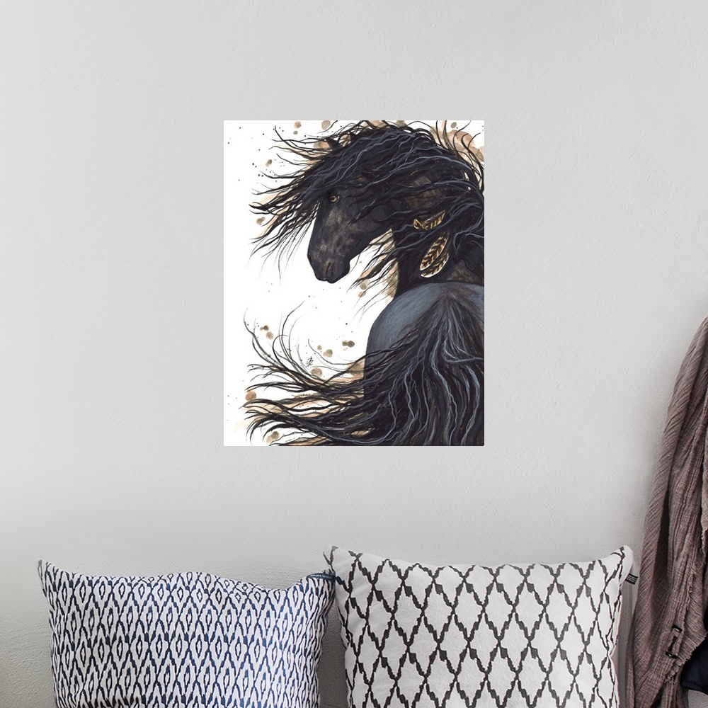 A bohemian room featuring Majestic Series of Native American inspired horse paintings of a black horse.