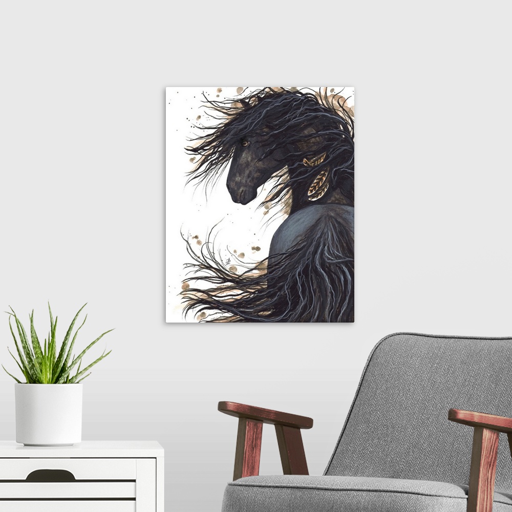 A modern room featuring Majestic Series of Native American inspired horse paintings of a black horse.
