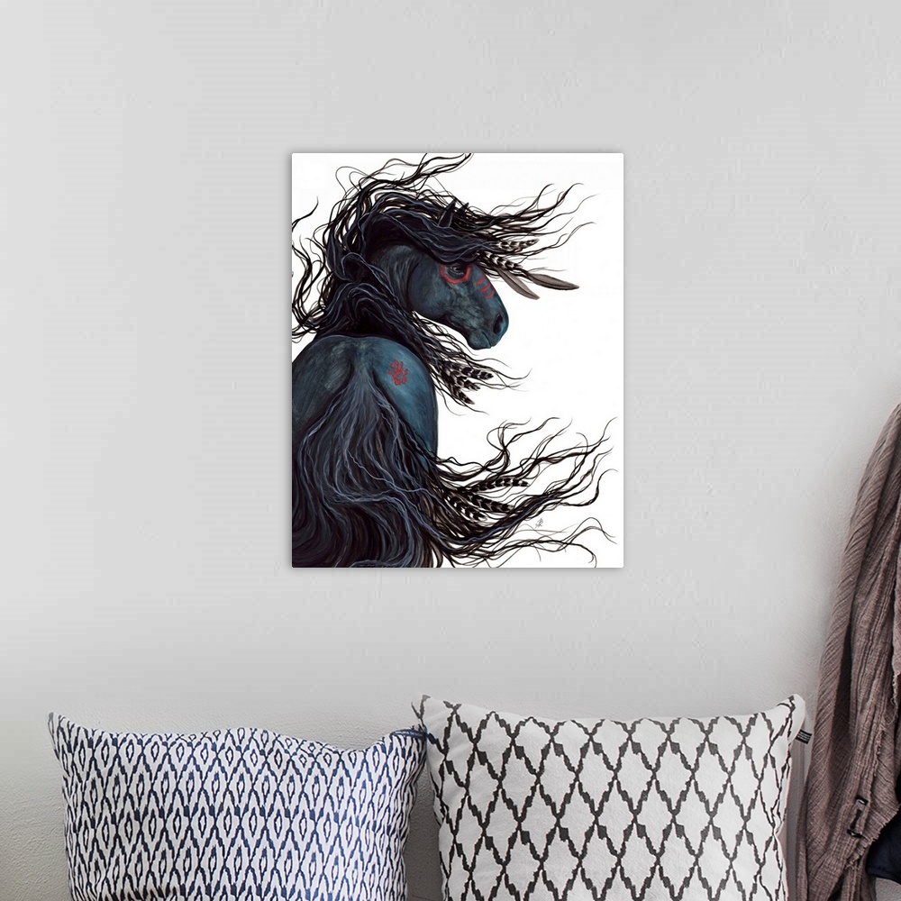 A bohemian room featuring Majestic Series of Native American inspired horse paintings of a black mustang.