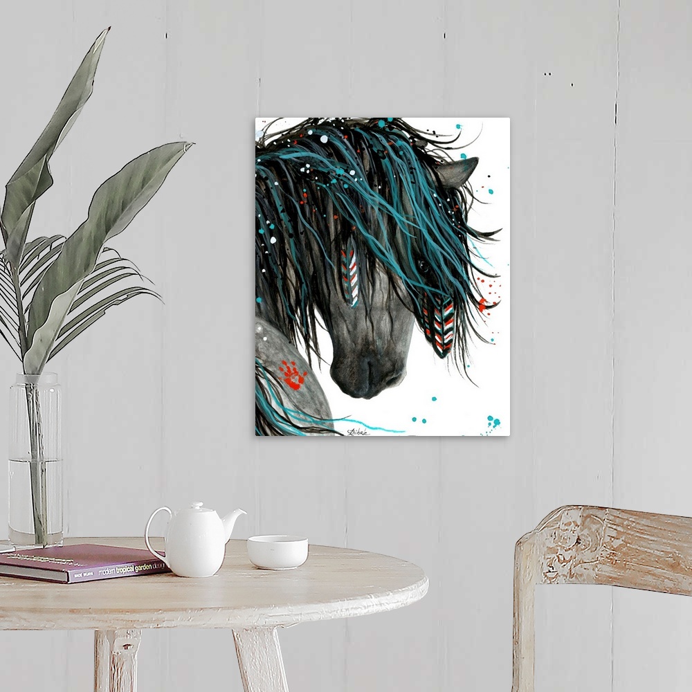 A farmhouse room featuring Majestic Series of Native American inspired horse paintings of a mustang.