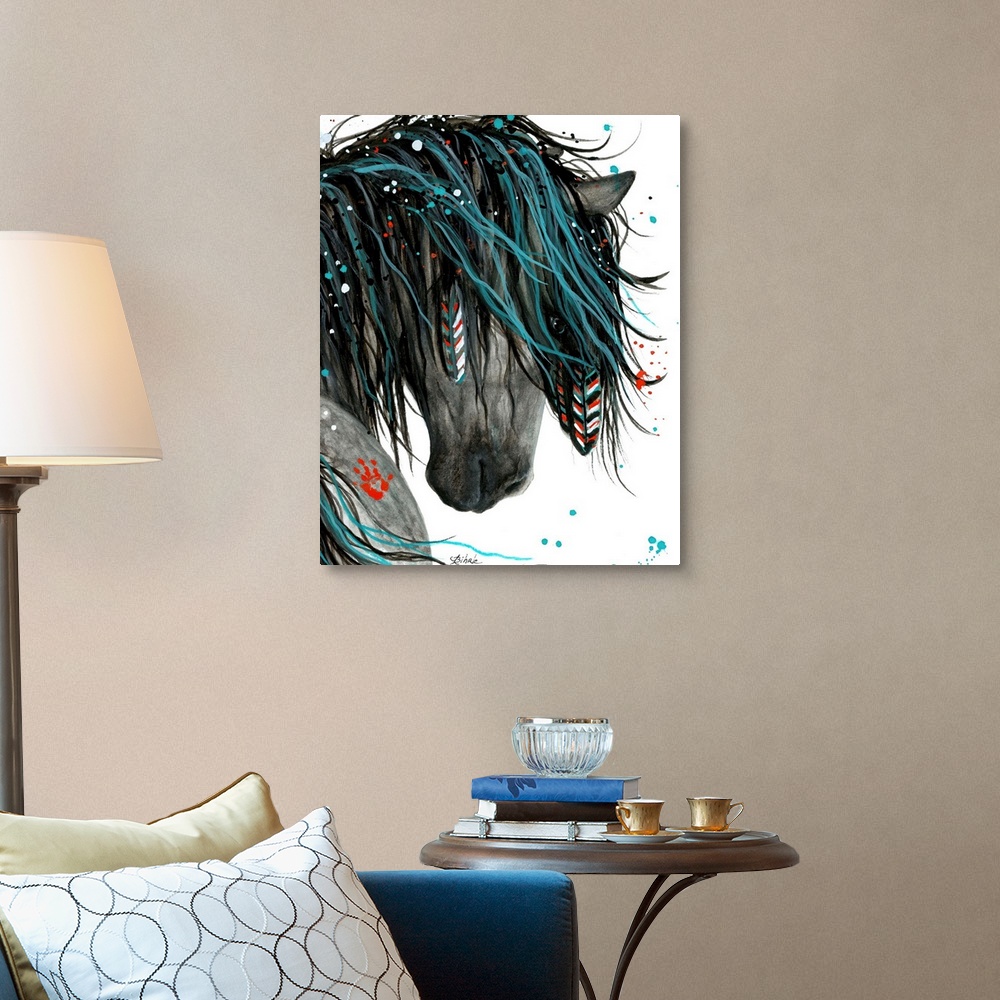 A traditional room featuring Majestic Series of Native American inspired horse paintings of a mustang.