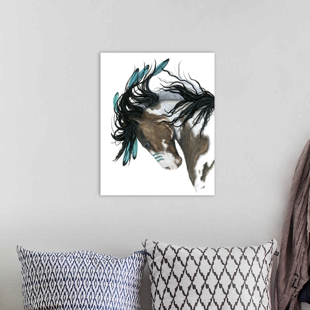 A bohemian room featuring Majestic Series of Native American inspired horse paintings of a painted pony.