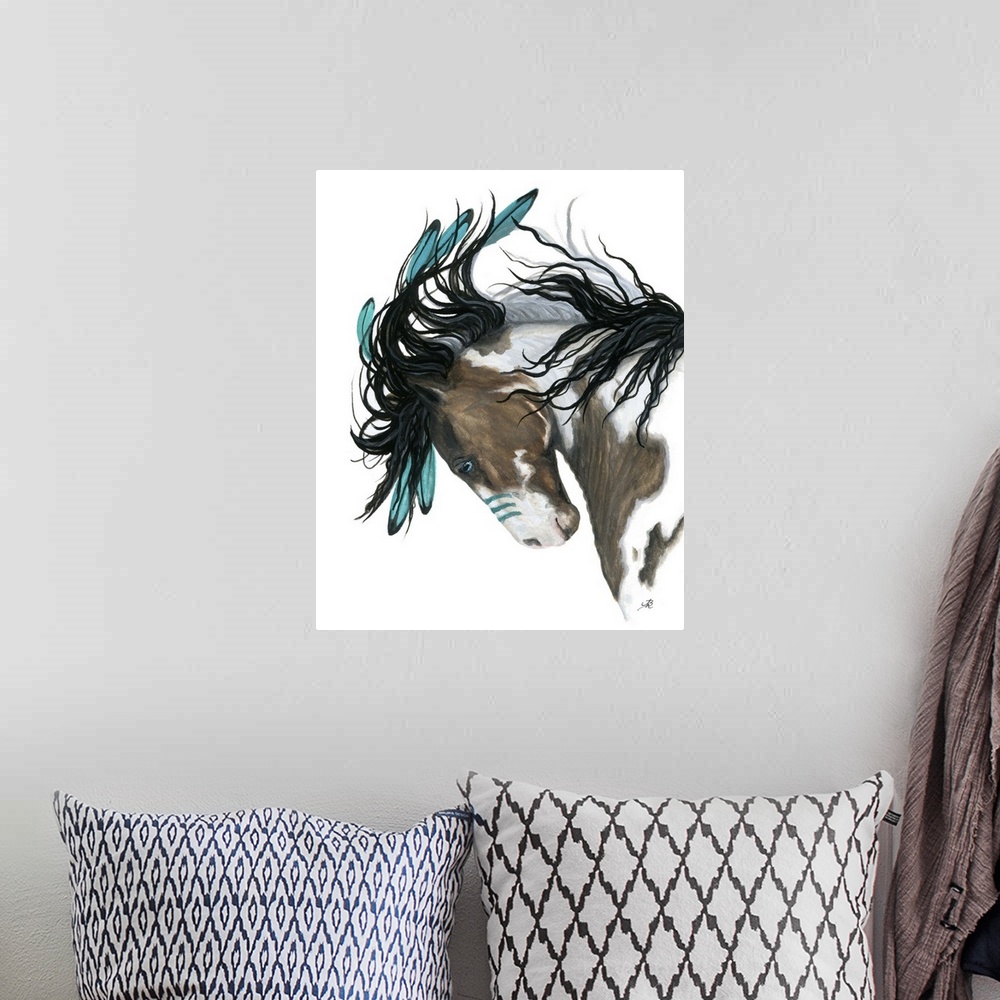 A bohemian room featuring Majestic Series of Native American inspired horse paintings of a painted pony.
