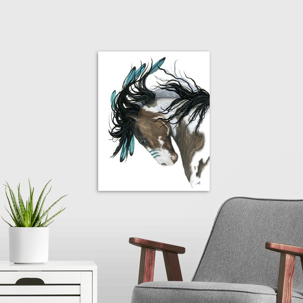 A modern room featuring Majestic Series of Native American inspired horse paintings of a painted pony.