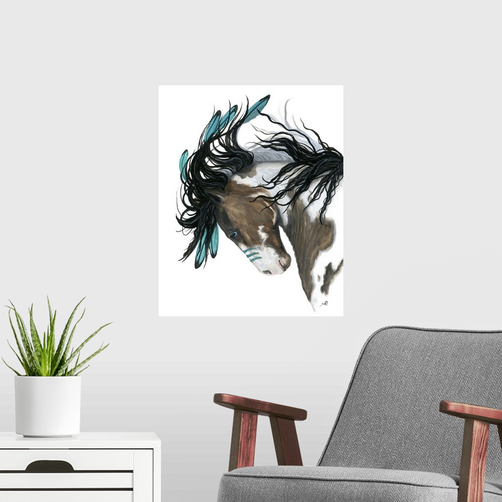 A modern room featuring Majestic Series of Native American inspired horse paintings of a painted pony.