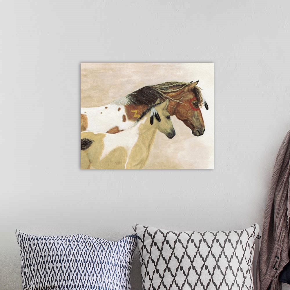 A bohemian room featuring Majestic Series of Native American inspired horse paintings of a mustang and colt.
