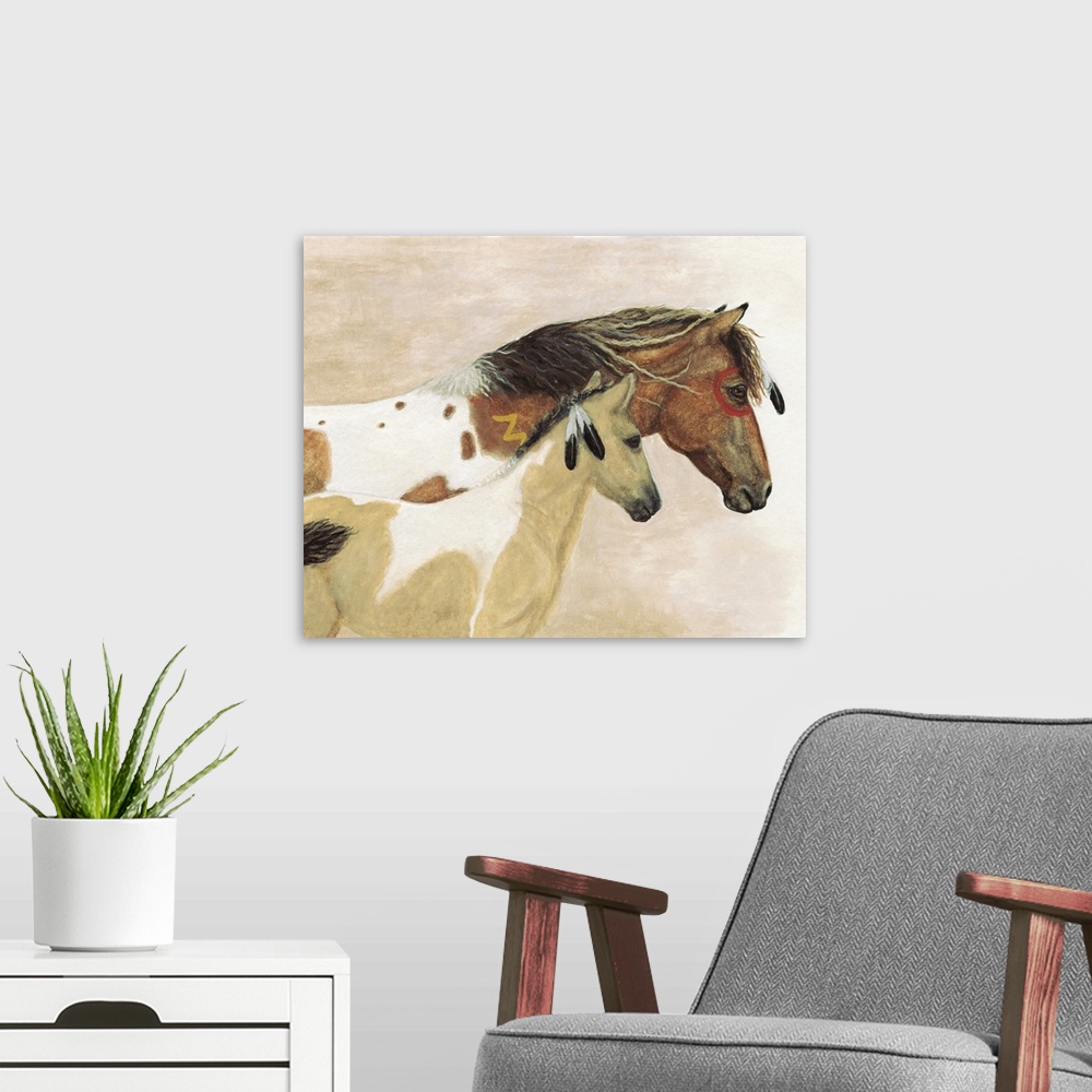 A modern room featuring Majestic Series of Native American inspired horse paintings of a mustang and colt.