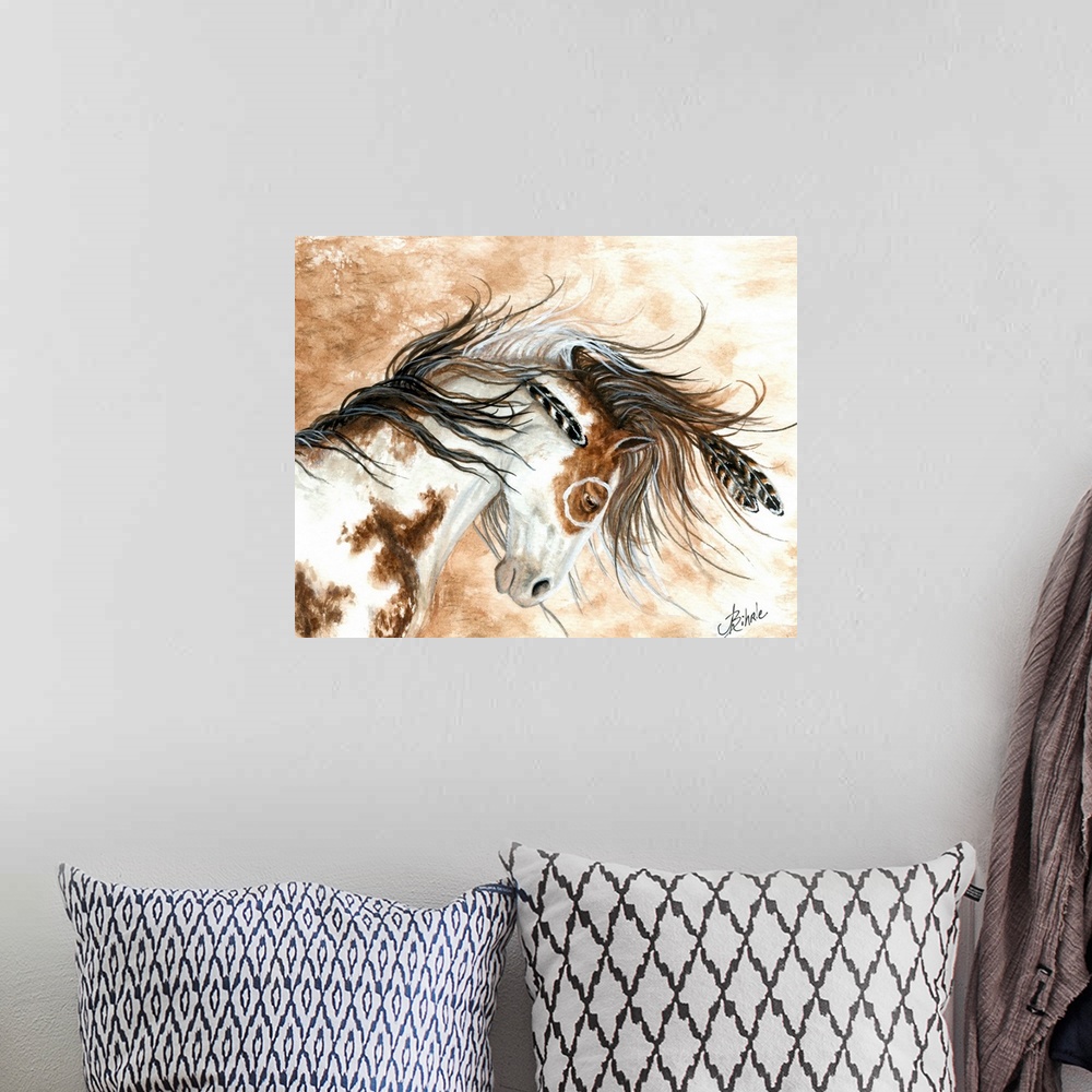 A bohemian room featuring Majestic Series of Native American inspired horse paintings of a mustang.