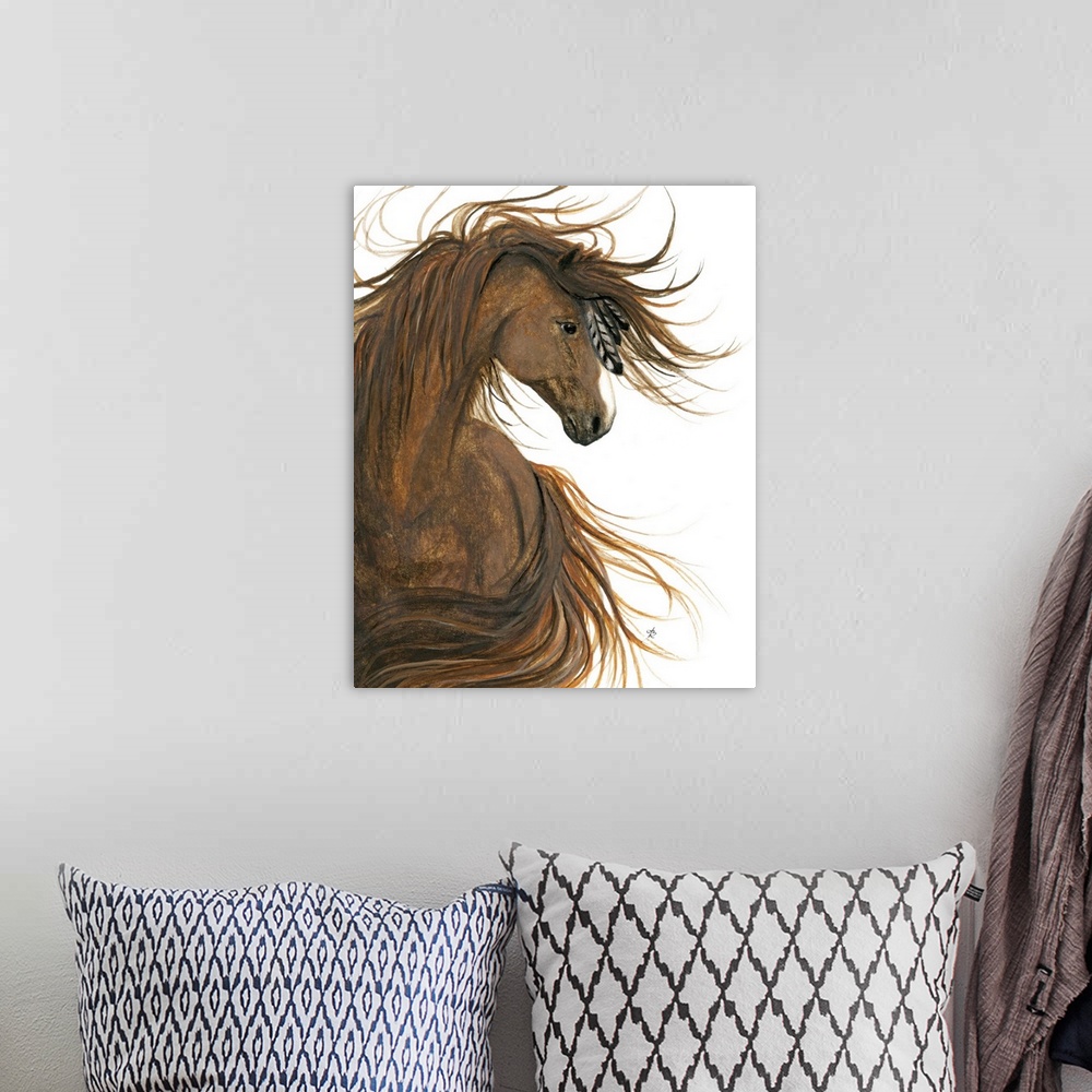 A bohemian room featuring Majestic Series of Native American inspired horse paintings of a Sorrel Horse.
