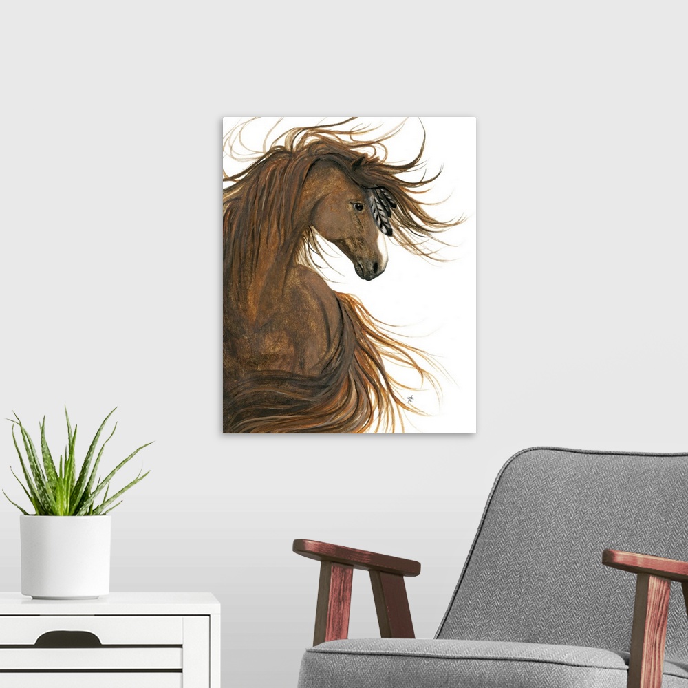 A modern room featuring Majestic Series of Native American inspired horse paintings of a Sorrel Horse.