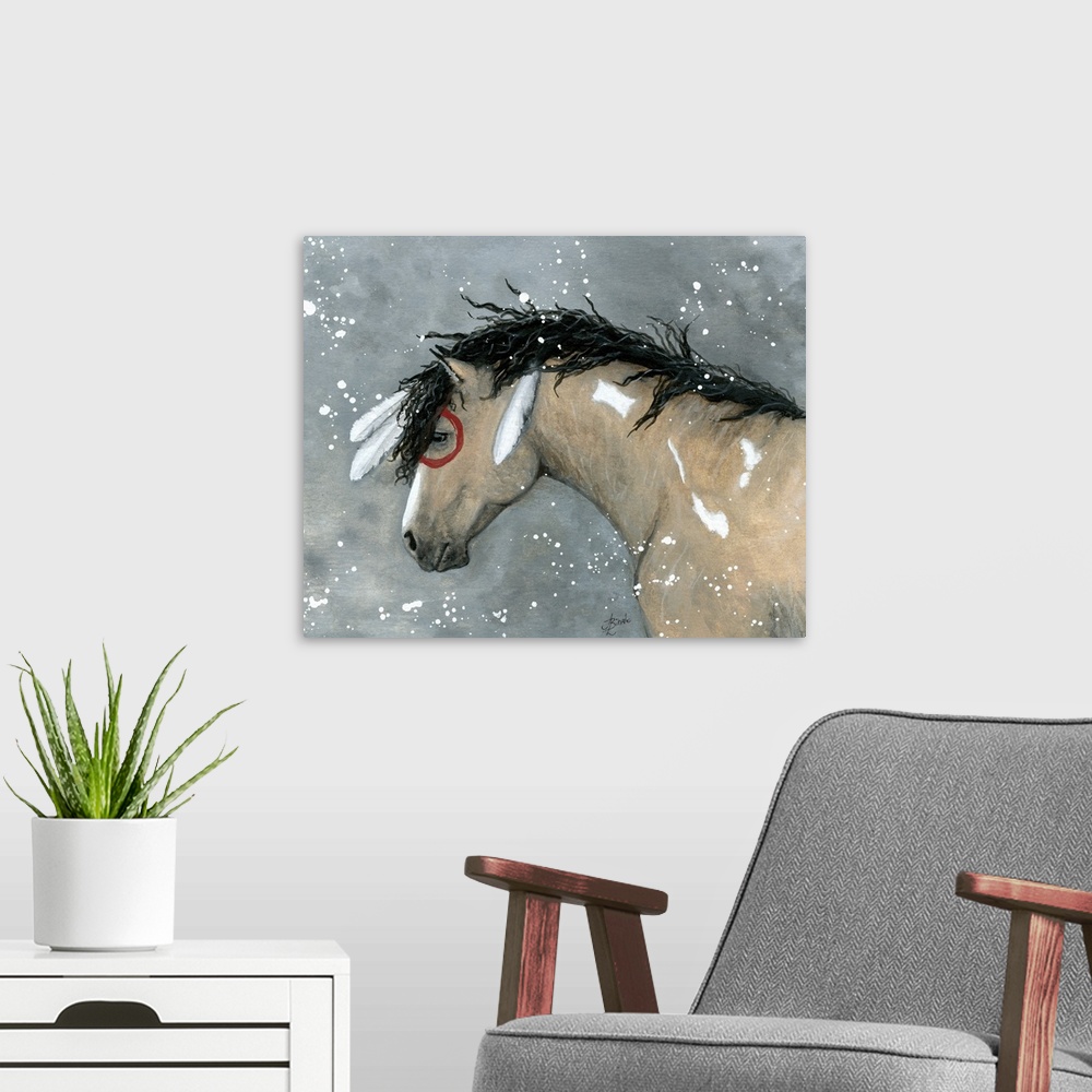 A modern room featuring Majestic Series of Native American inspired horse paintings of a buckskin mustang.
