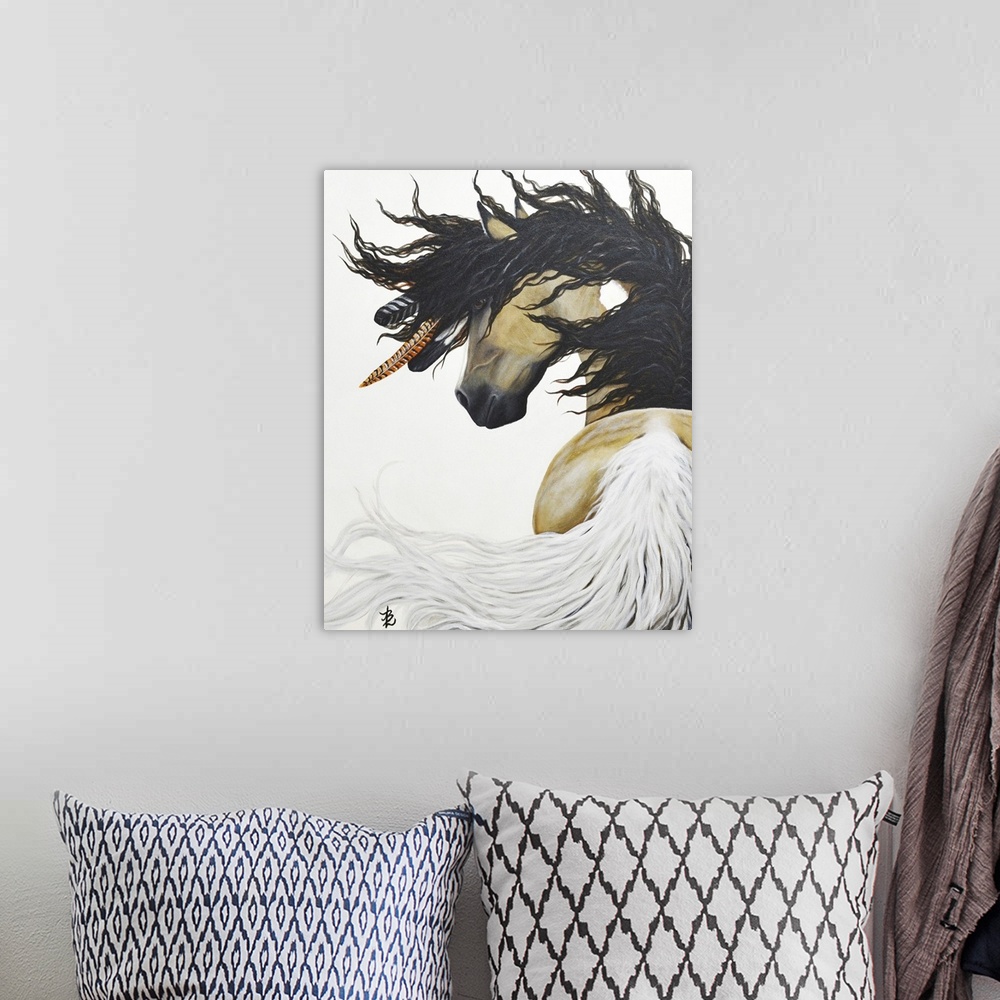 A bohemian room featuring Majestic Series of Native American inspired horse paintings. Tahalo is a curly stallion.