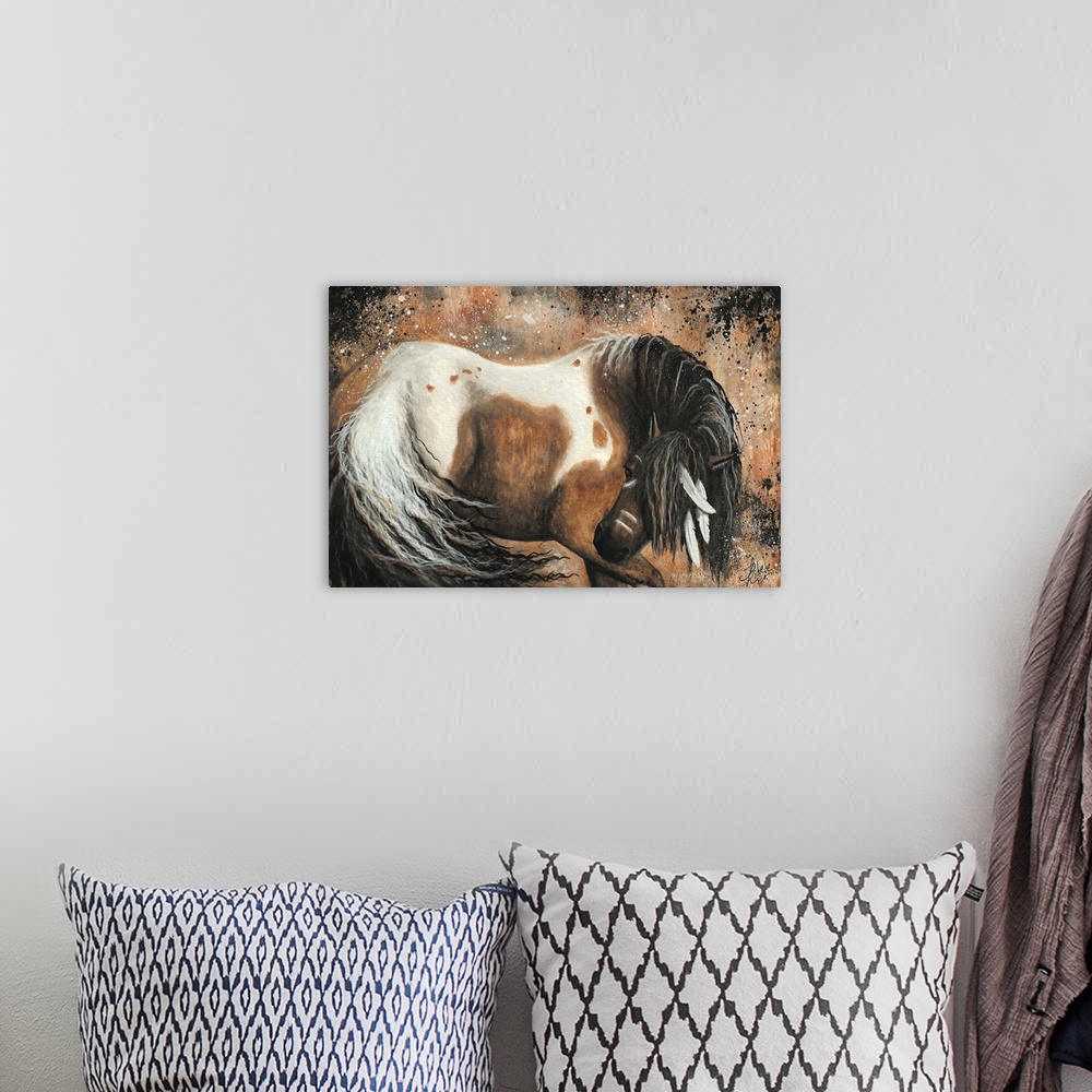 A bohemian room featuring Majestic Series of Native American inspired horse paintings of a mustage.