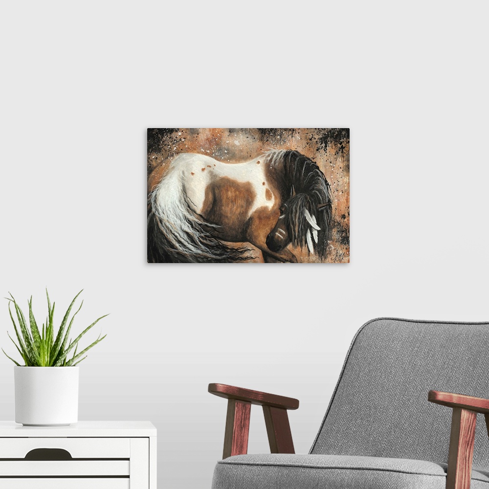A modern room featuring Majestic Series of Native American inspired horse paintings of a mustage.