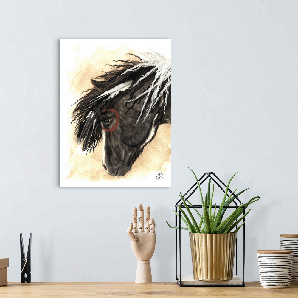 A bohemian room featuring Majestic Series of Native American inspired horse paintings of a pinto.