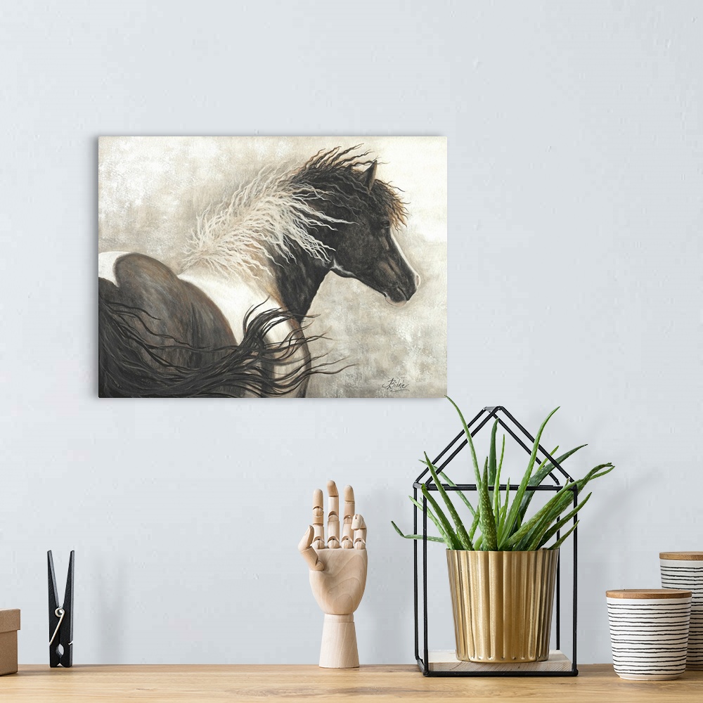 A bohemian room featuring Majestic Series of Native American inspired horse paintings of a Curly horse stallion.