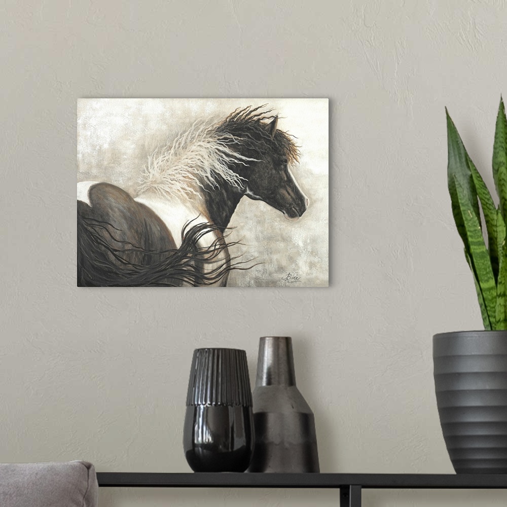 A modern room featuring Majestic Series of Native American inspired horse paintings of a Curly horse stallion.
