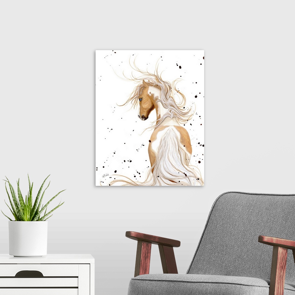 A modern room featuring Majestic Series of Native American inspired horse paintings of a palomino.