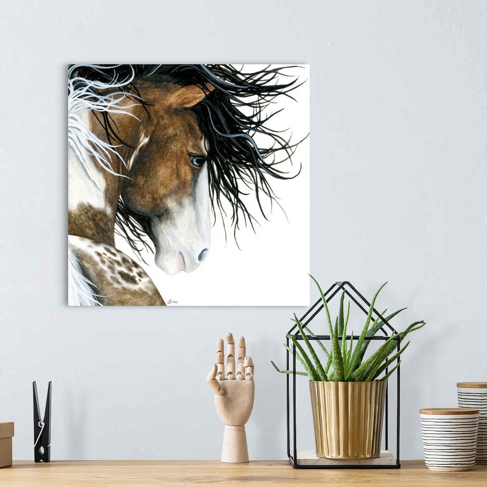 A bohemian room featuring Majestic Series of Native American inspired horse paintings of a Pintaloosa horse.