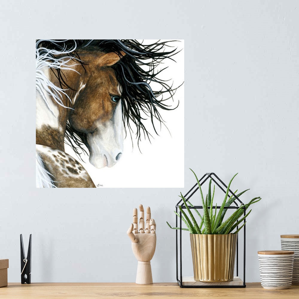A bohemian room featuring Majestic Series of Native American inspired horse paintings of a Pintaloosa horse.