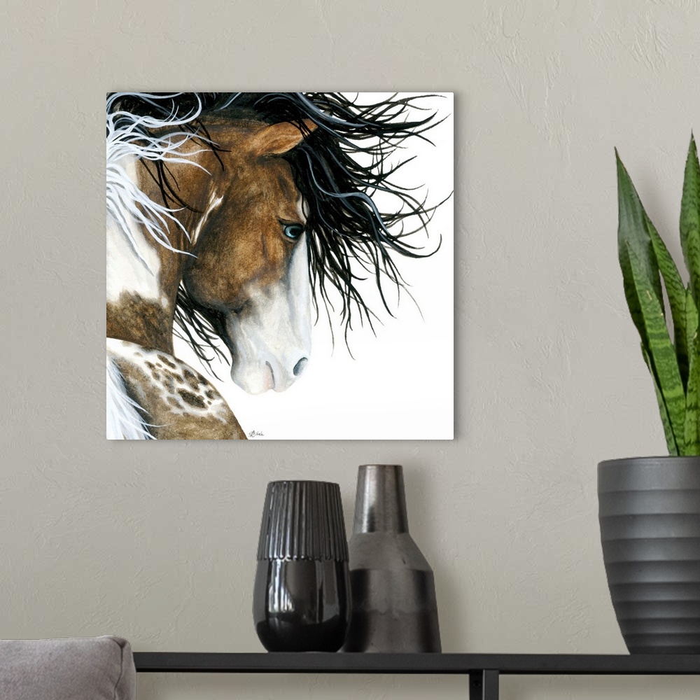 A modern room featuring Majestic Series of Native American inspired horse paintings of a Pintaloosa horse.